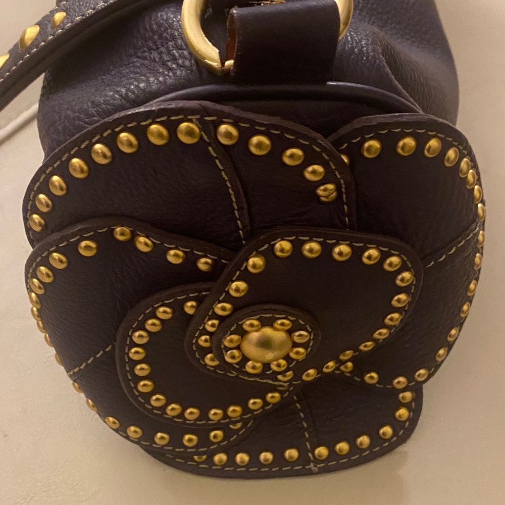 Leather Shoulder Bag with Gold Stud Flower Accent - Navy - Picture 2 of 5
